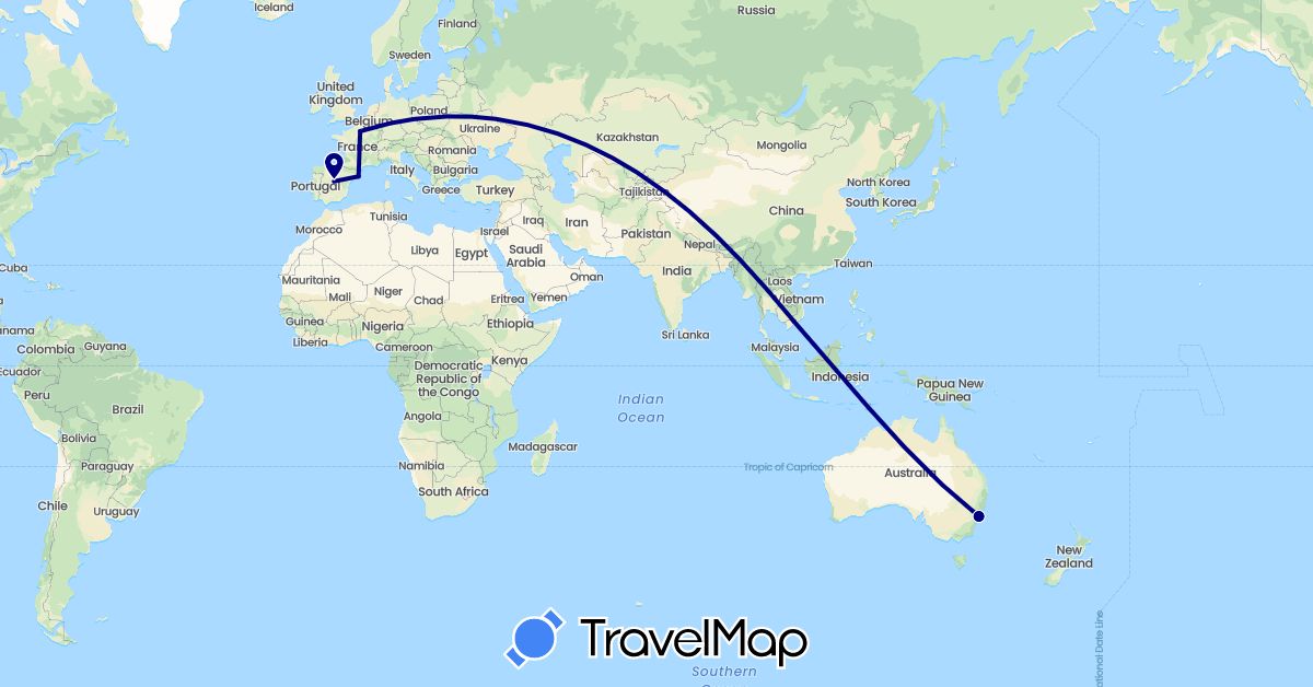 TravelMap itinerary: driving in Australia, Spain, France, Vietnam (Asia, Europe, Oceania)